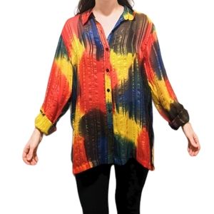 Vintage Chico's Silk Rainbow Metallic Tie Dye Button Down Shirt
